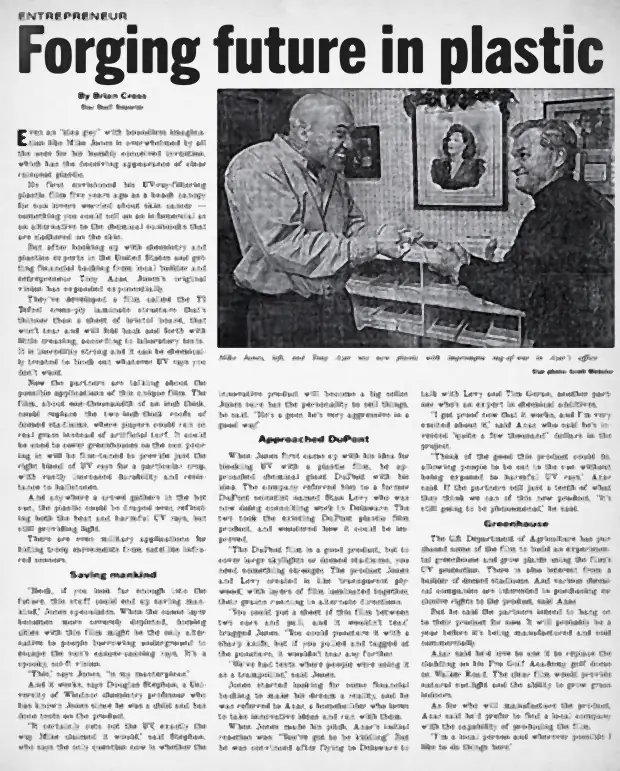 Windsor Star newspaper feature titled Forging future in plastic, showing Michael Jones and Tony Azar testing an early transparent plastic material.