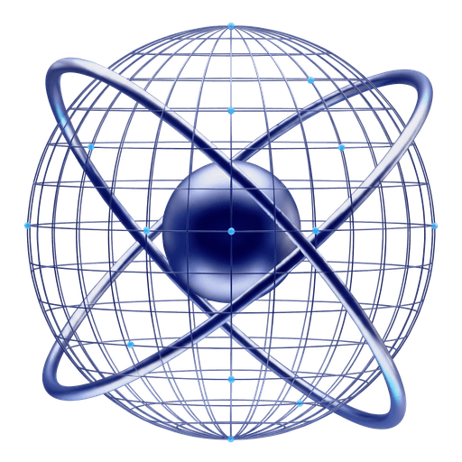 The Geophysis mark: a wireframe globe crossed by two chrome orbital rings, with lit nodes at the lattice intersections.